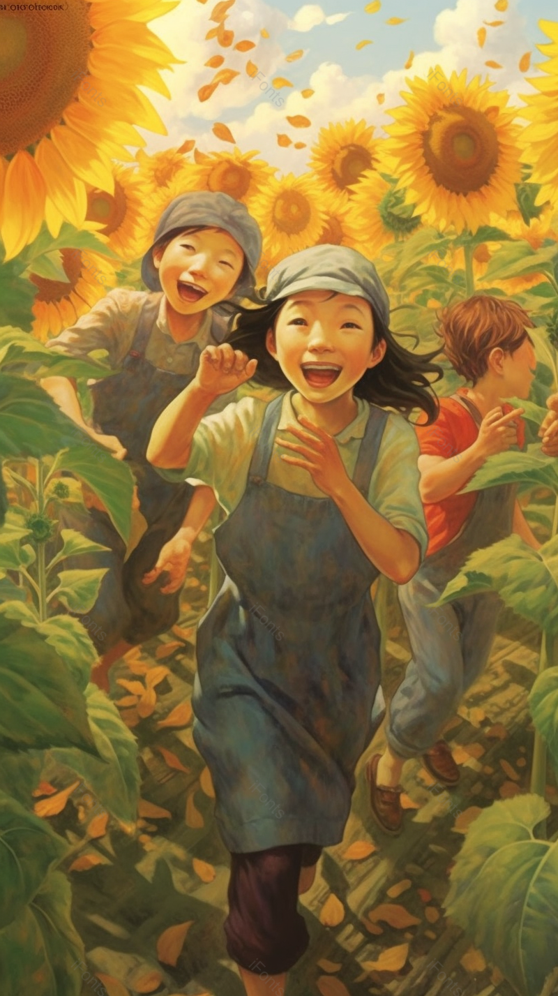 丰收喜悦下的三位小朋友看着向日葵,插画/手绘图,插画/手绘图库,插画/手绘图下载,插画/手绘